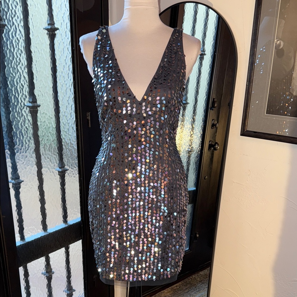 Liv Foster • Gunmetal Beaded V Neck Mini Dress sz 6 NWT
